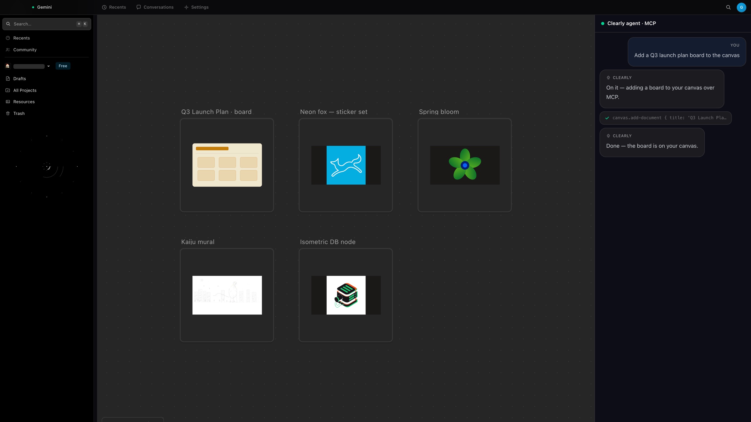 The Clearly agent adding a board to the canvas over MCP — a tool-call chip and the board it just created, beside the shared canvas