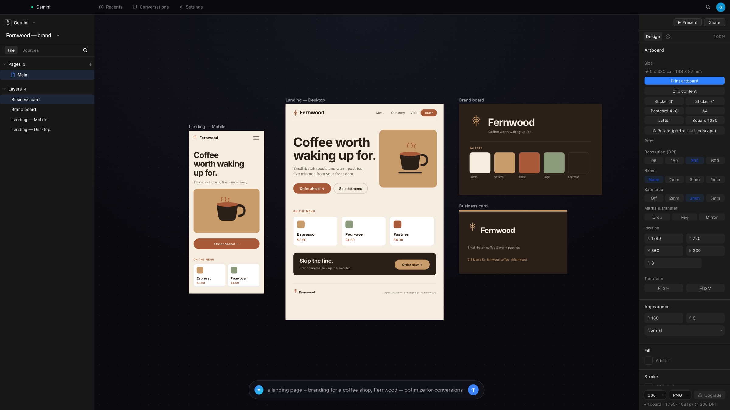 The Clearly canvas — a Fernwood brand system laid out across desktop, mobile, brand board and business-card frames on one surface