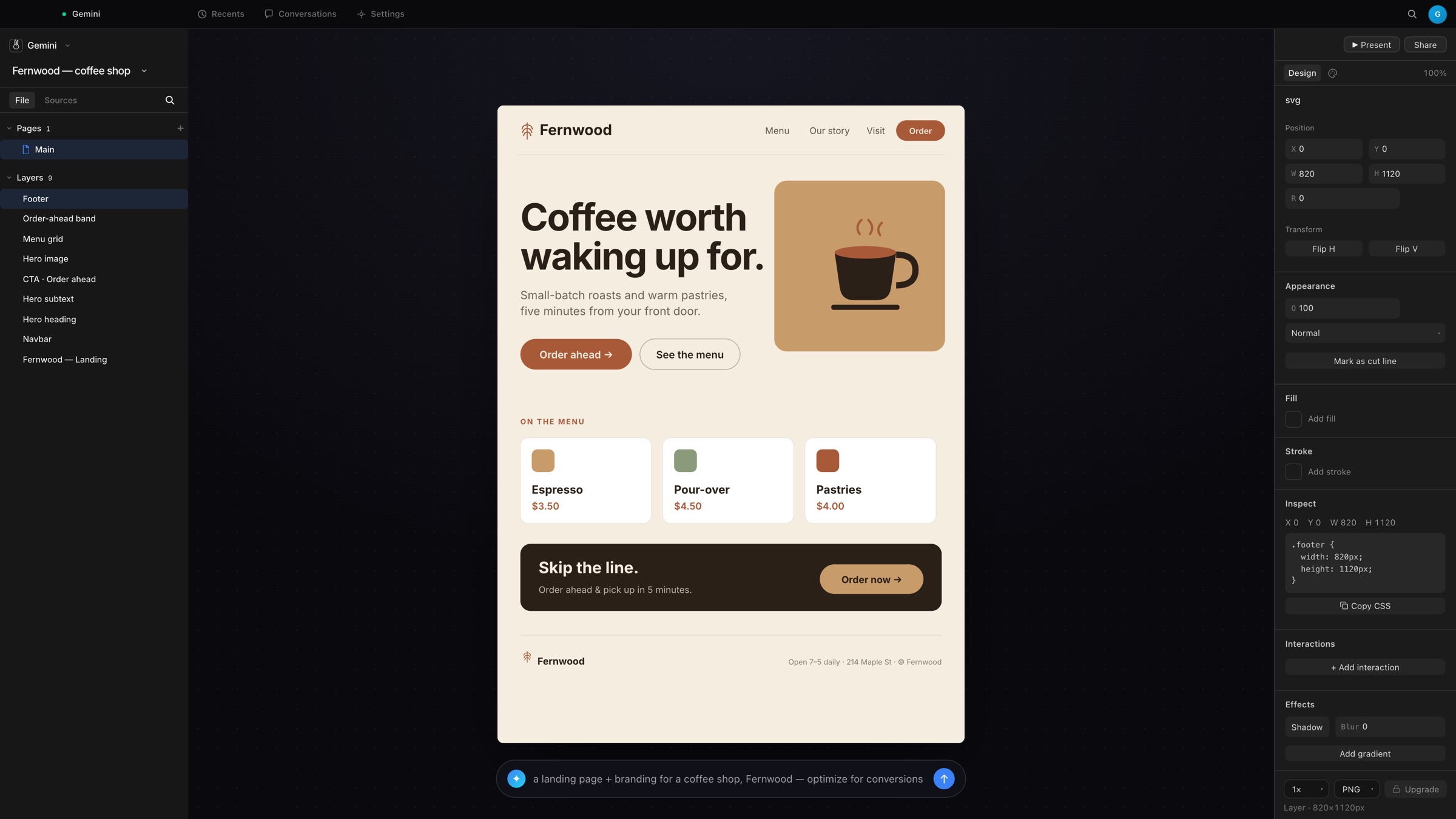 The Clearly Studio editor — building a coffee-shop landing page and brand, with layers, a live canvas and the design inspector