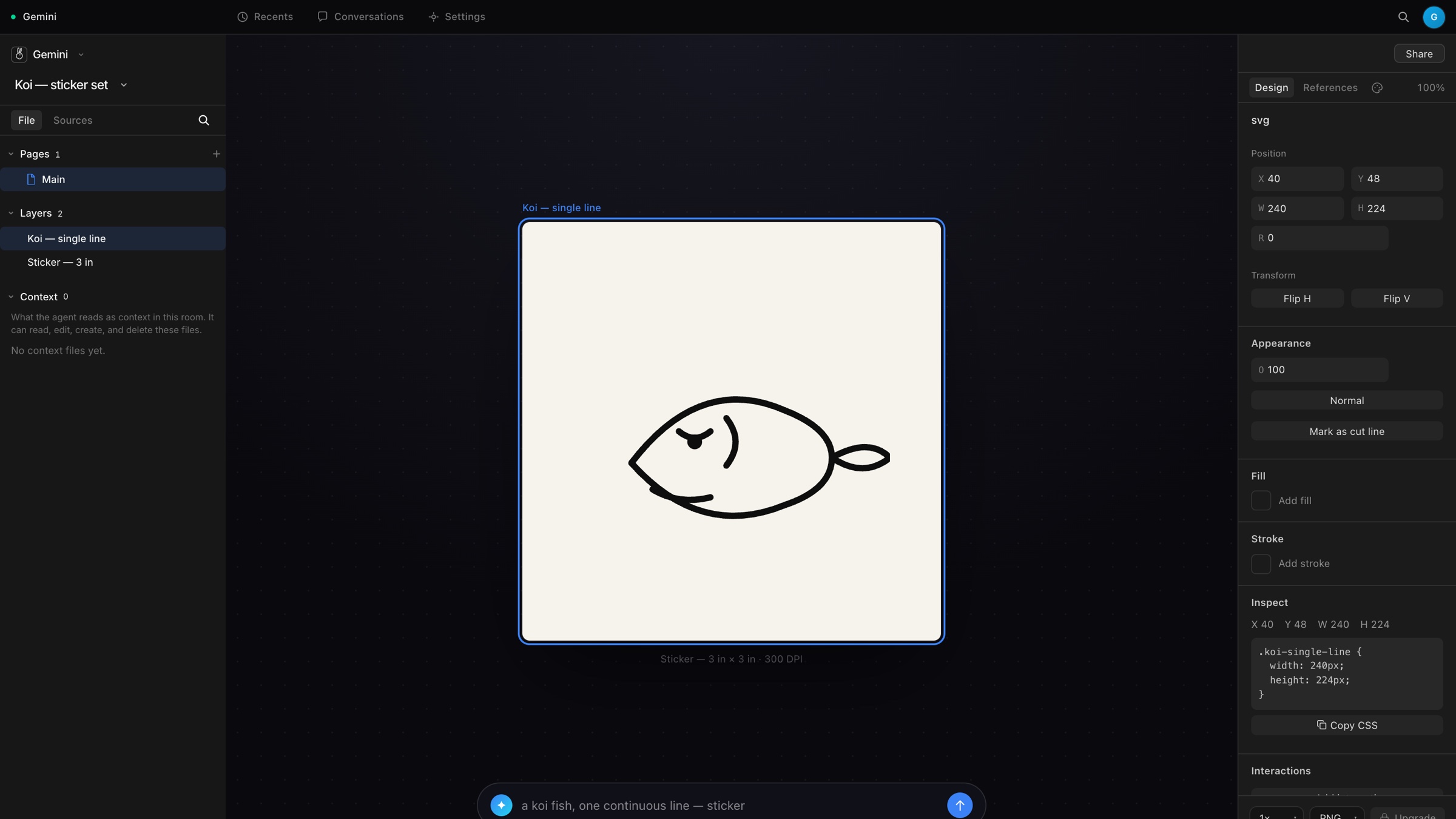 The Clearly editor with a generated koi line-art sticker selected — layers, design inspector and the generate bar